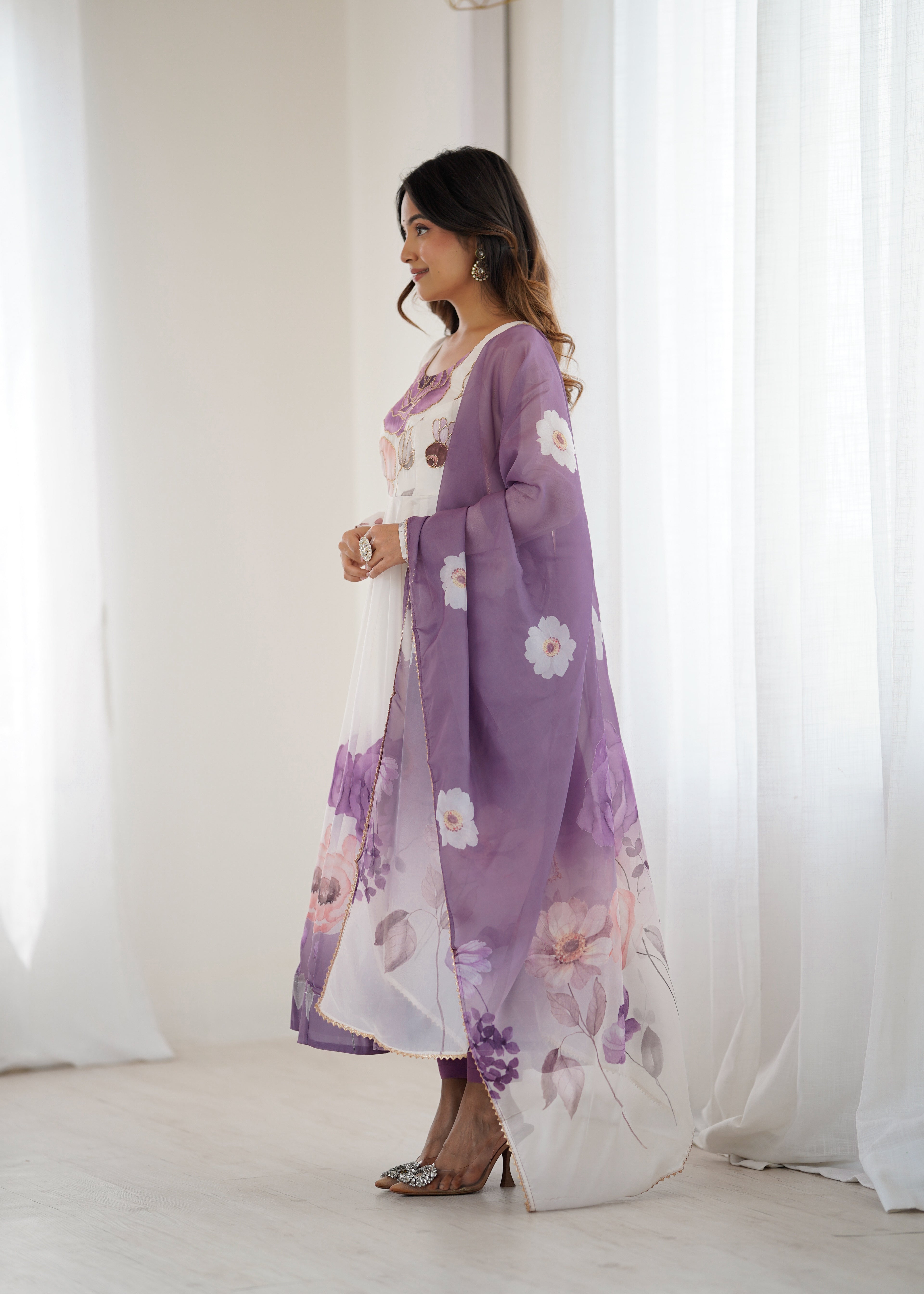 Purple Organza Sunflower Kurta Set