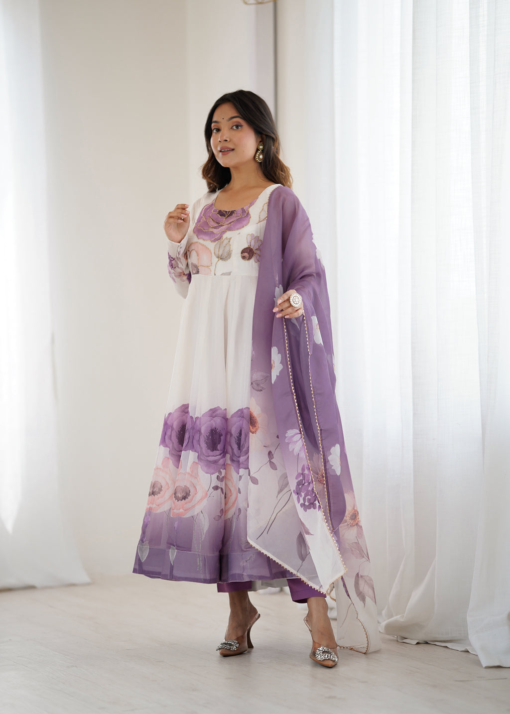 Purple Organza Sunflower Kurta Set