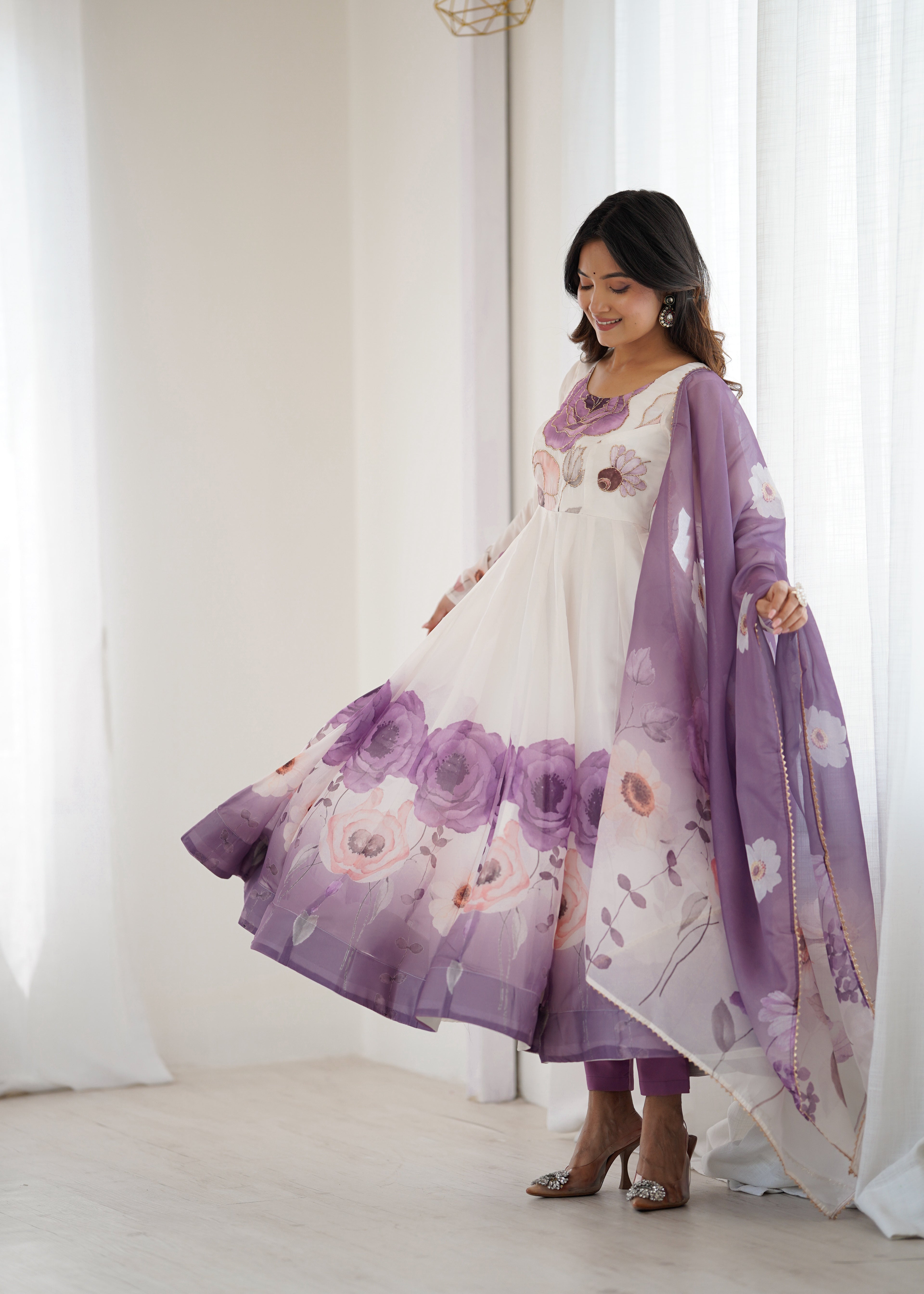 Purple Organza Sunflower Kurta Set
