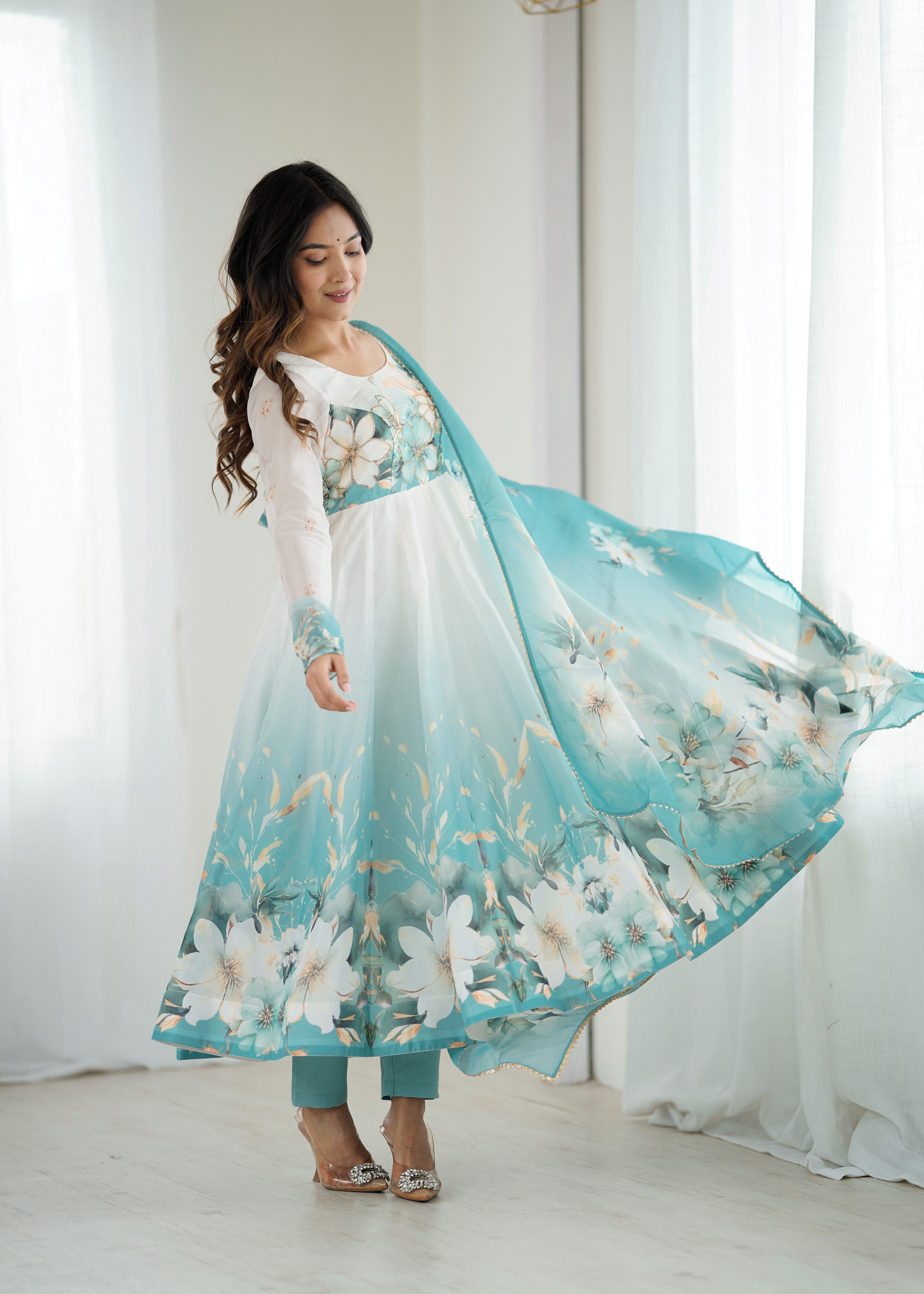Aqua Blue Flower Organza Kurta Set