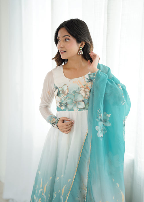 Aqua Blue Flower Organza Kurta Set