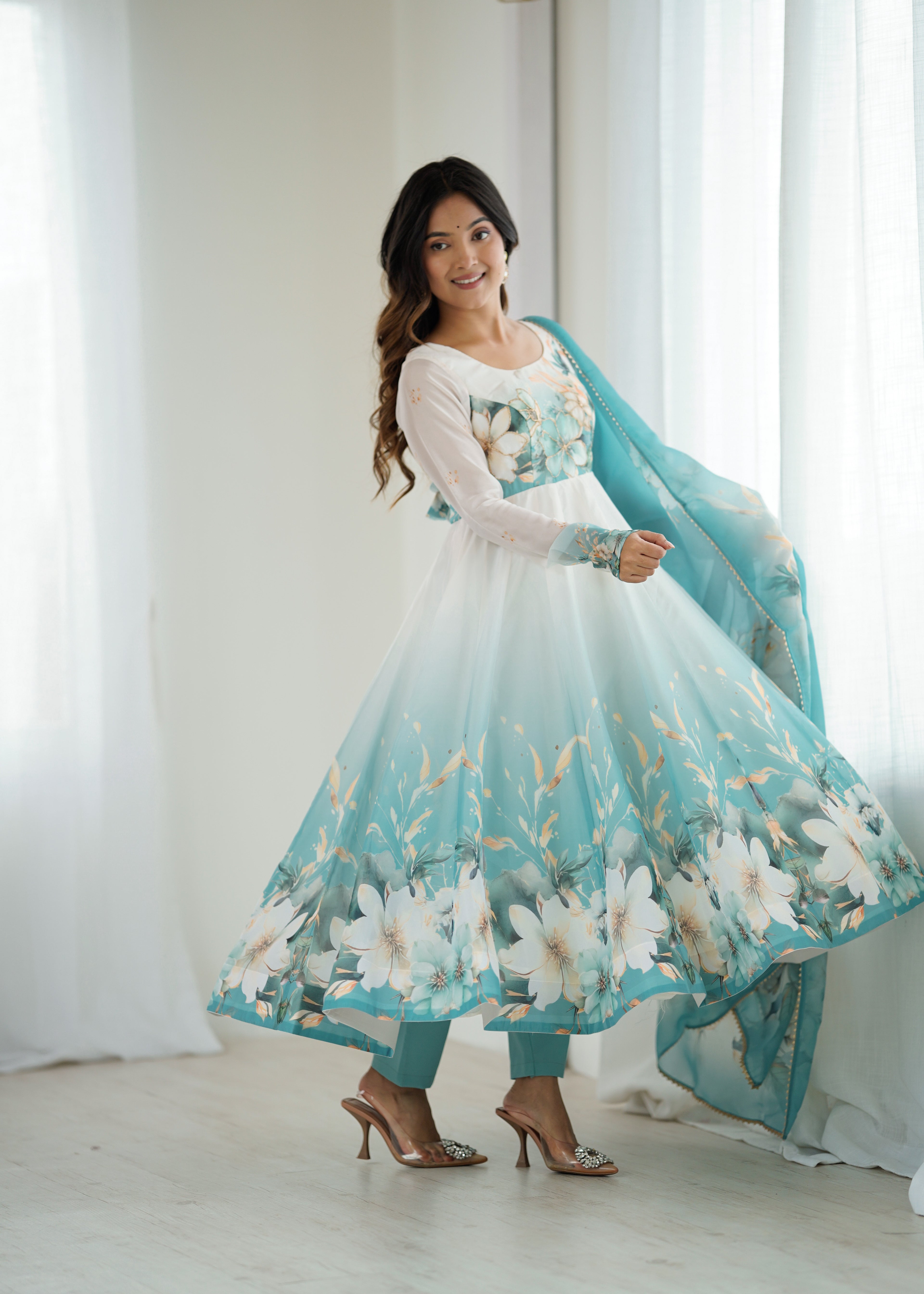 Aqua Blue Flower Organza Kurta Set