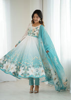 Aqua Blue Flower Organza Kurta Set
