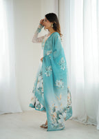 Aqua Blue Flower Organza Kurta Set