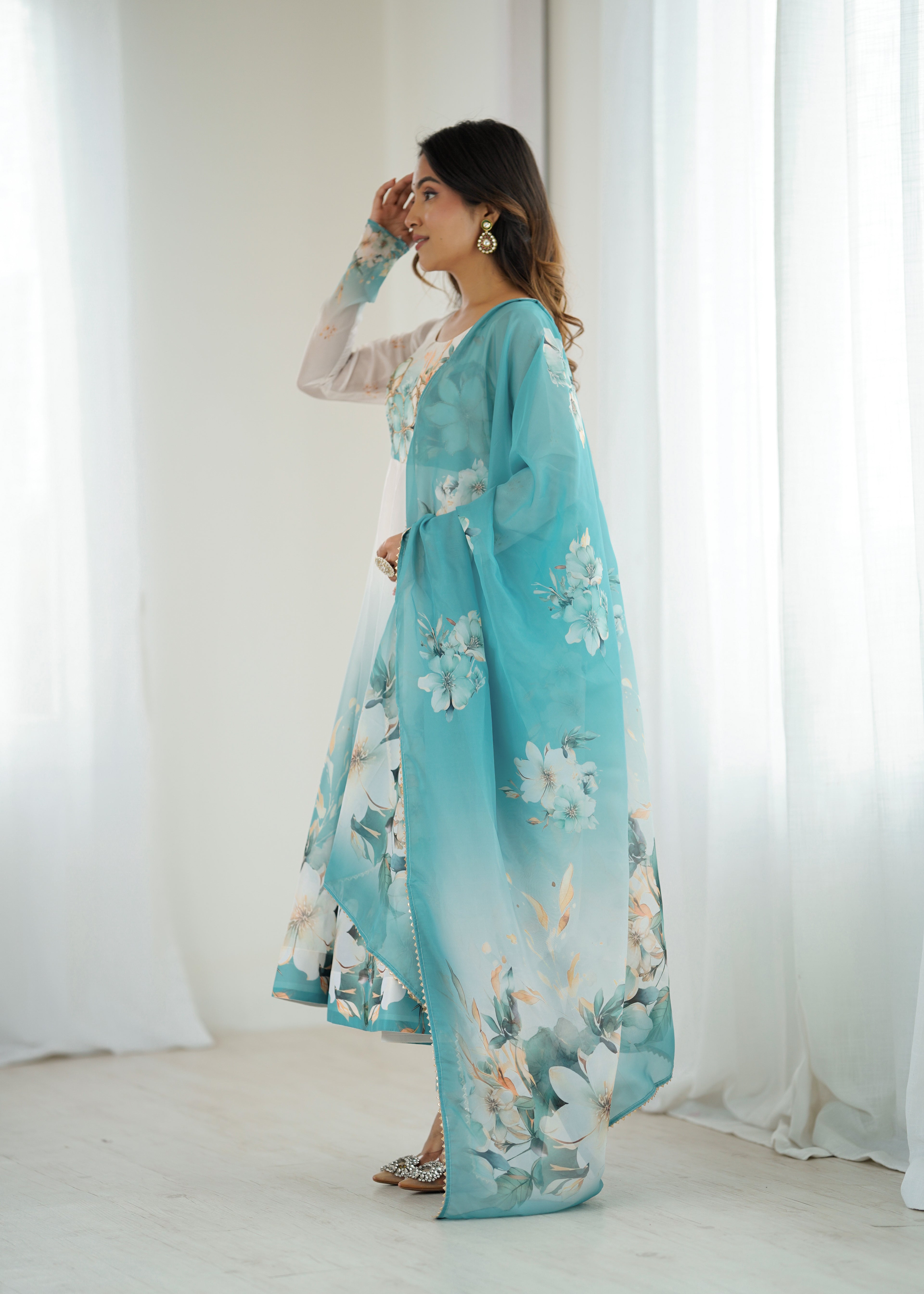 Aqua Blue Flower Organza Kurta Set