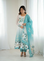 Aqua Blue Flower Organza Kurta Set