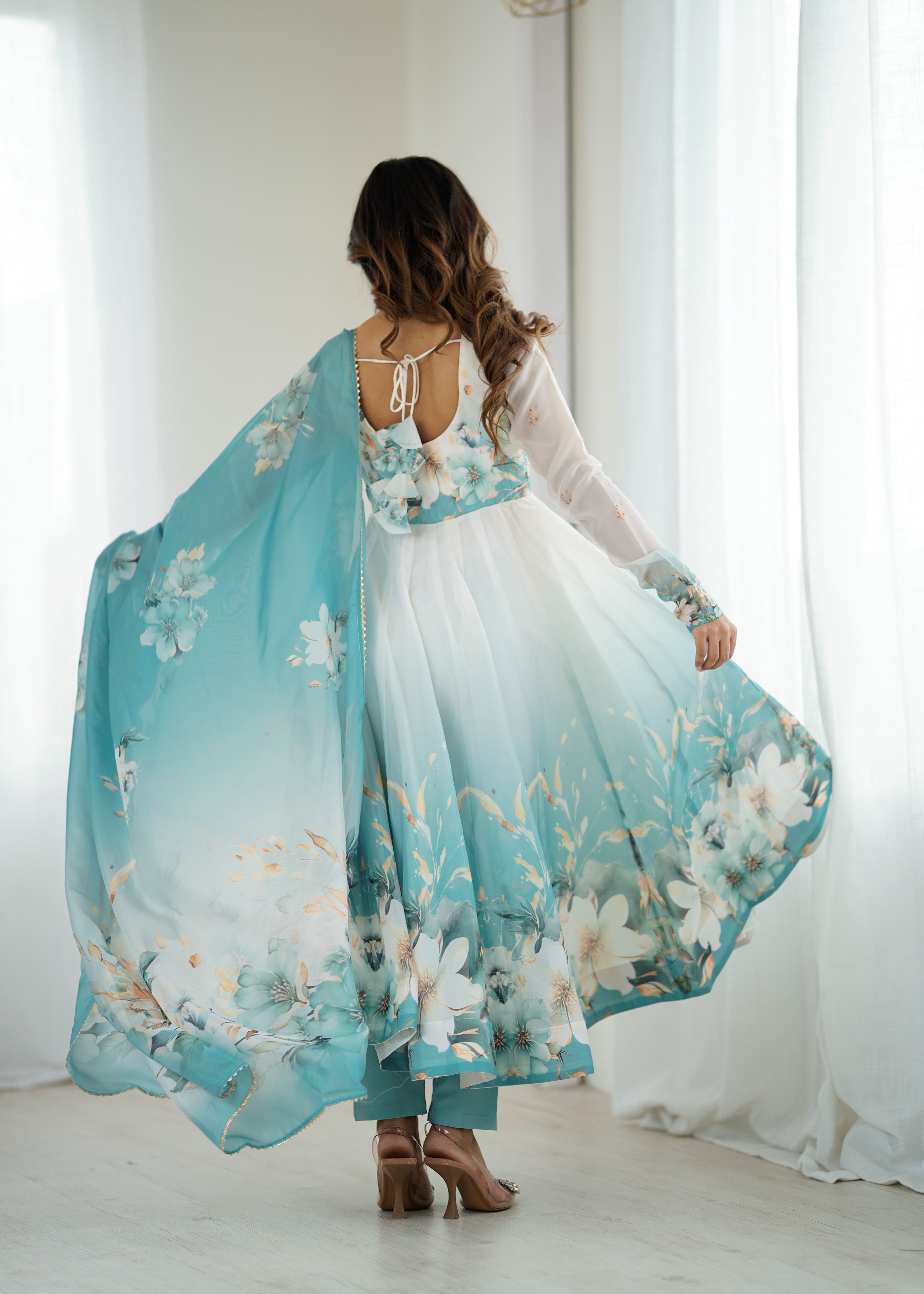 Aqua Blue Flower Organza Kurta Set