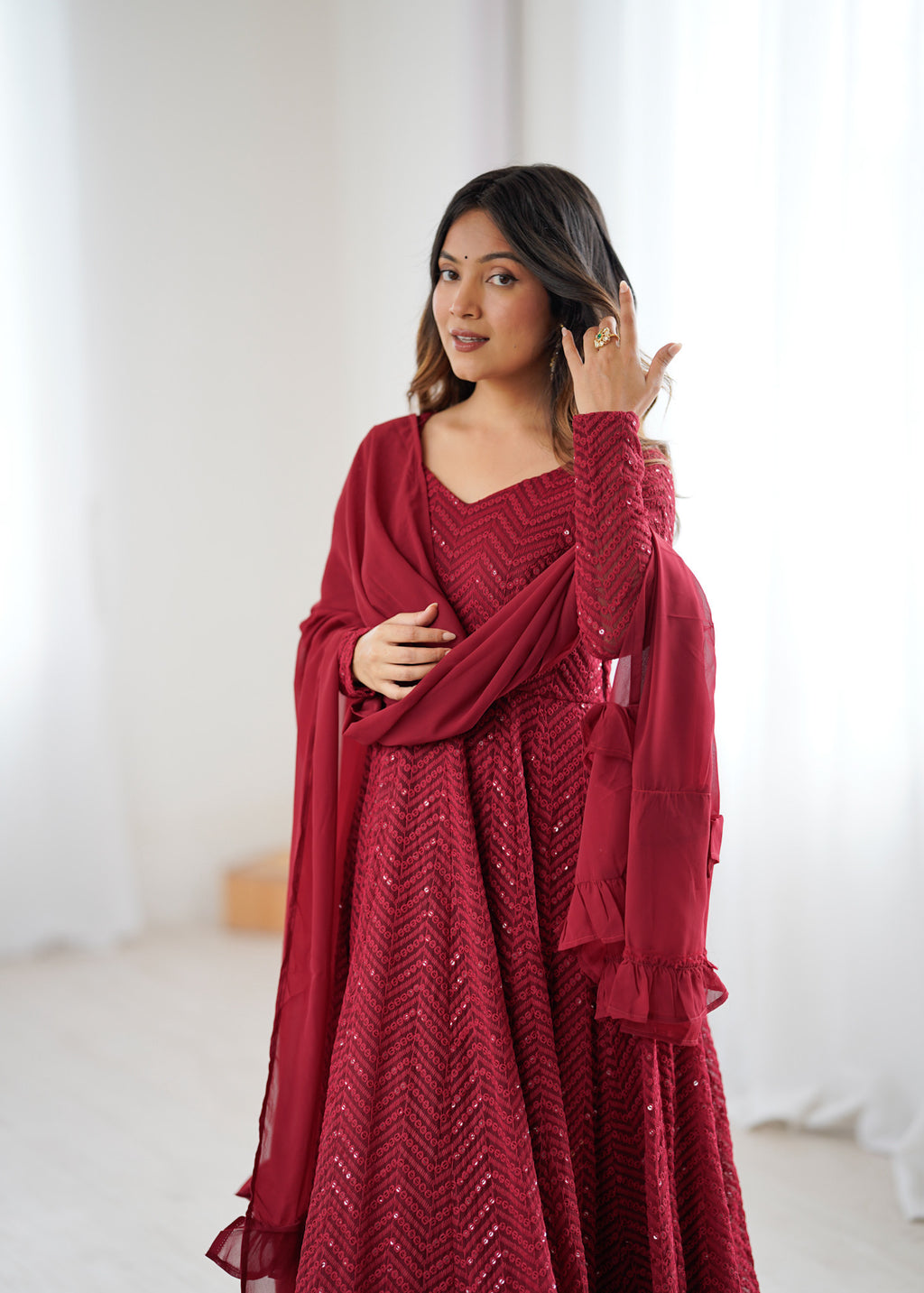 Maroon Lukhnowi Sequence Work Kurta Set