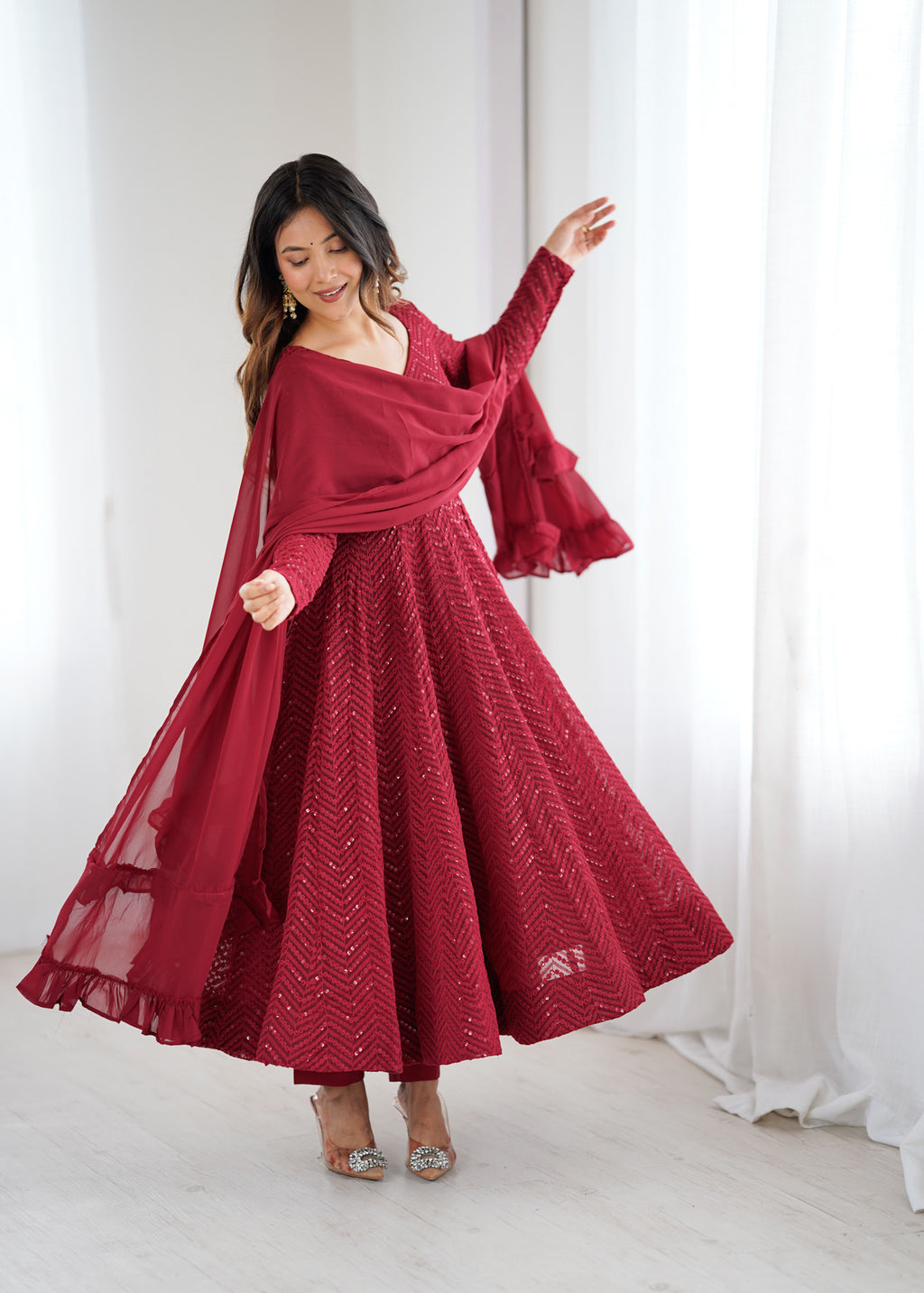Maroon Lukhnowi Sequence Work Kurta Set