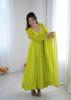 Lime Green Georgette Lace Work Anarkali
