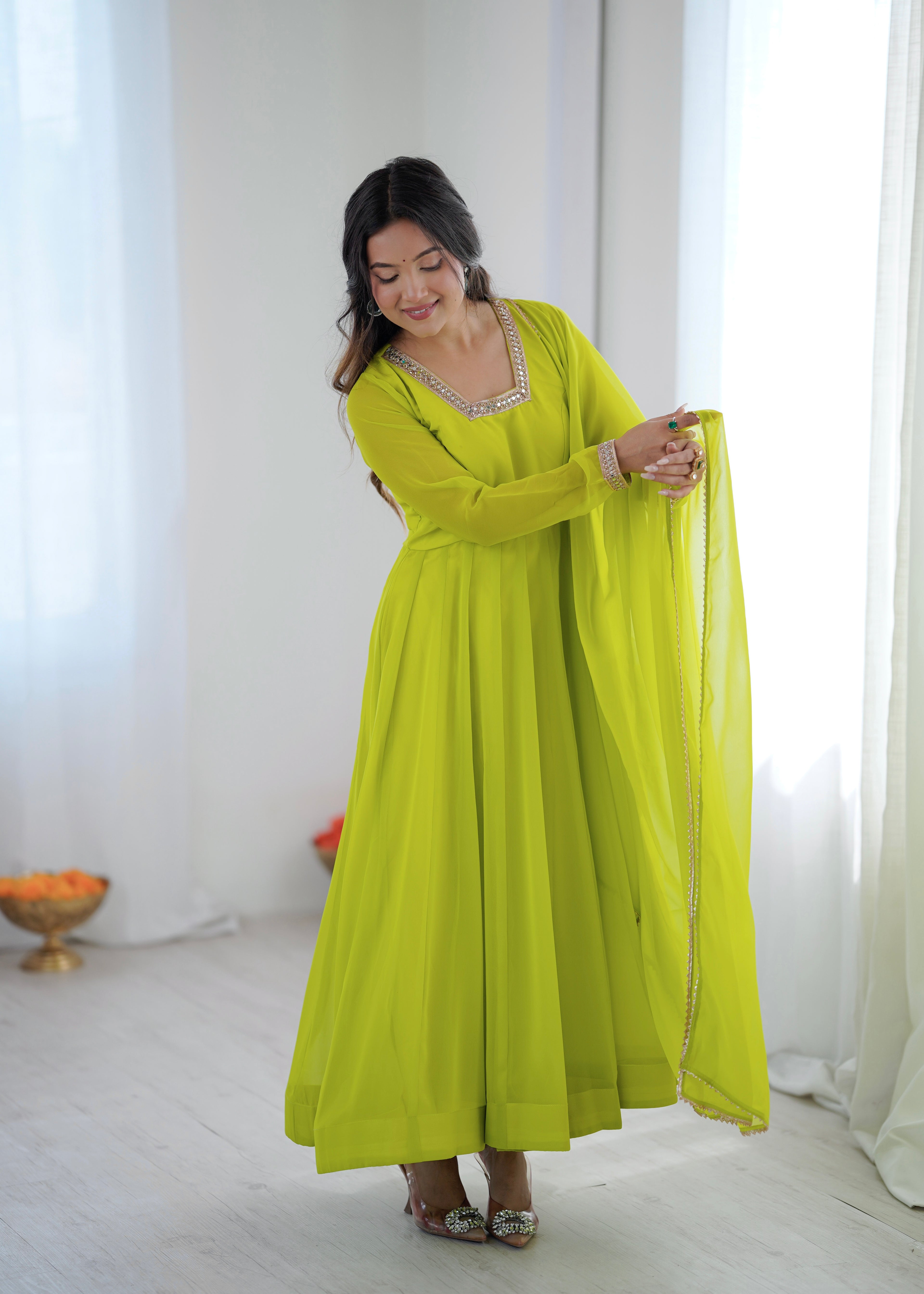Lime Green Georgette Lace Work Anarkali