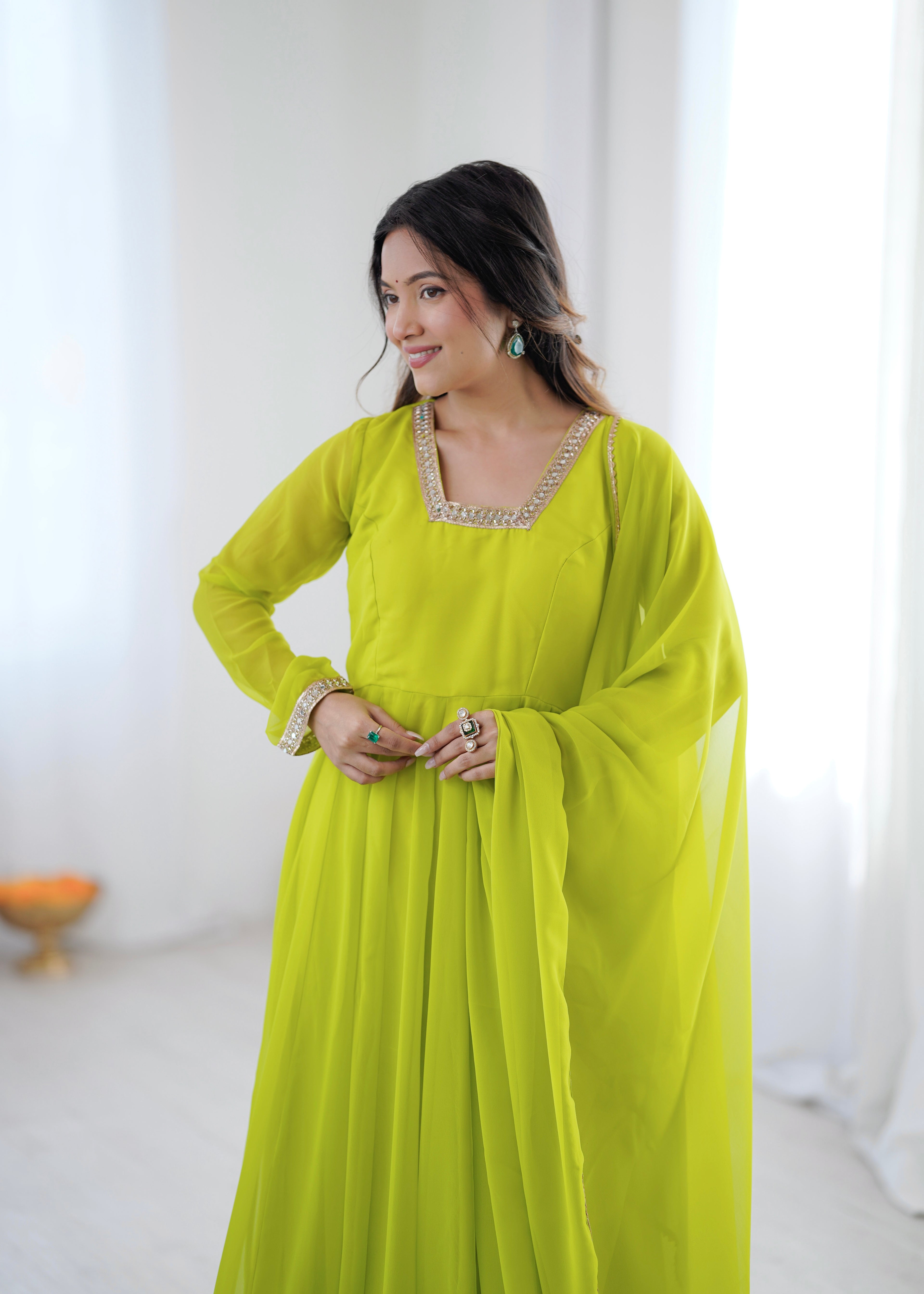 Lime Green Georgette Lace Work Anarkali
