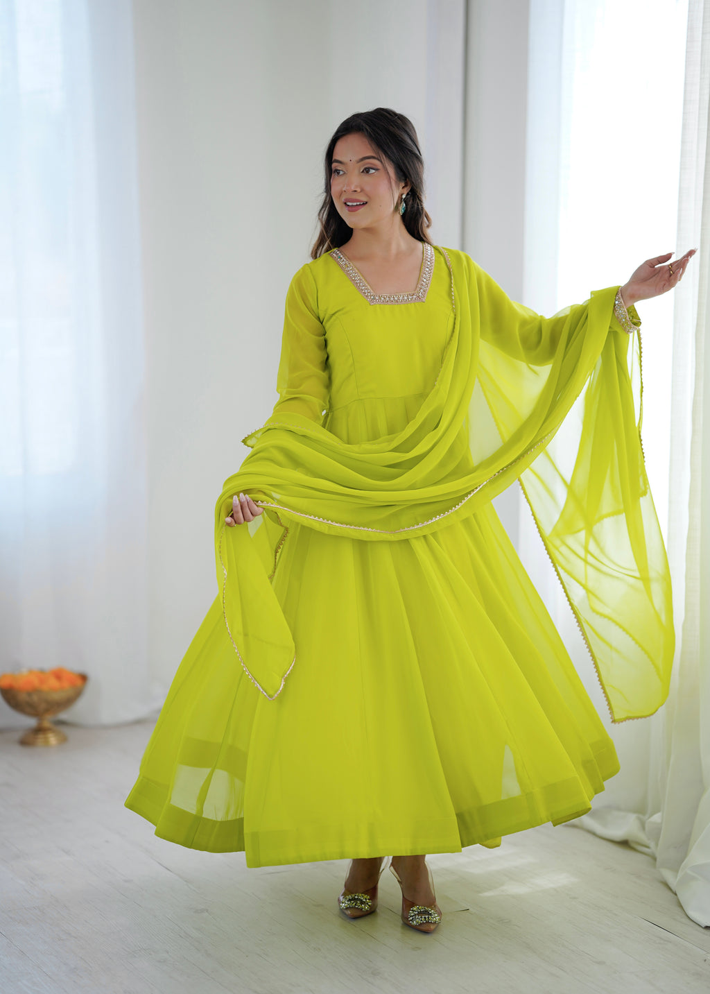 Lime Green Georgette Lace Work Anarkali