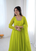 Lime Green Georgette Lace Work Anarkali