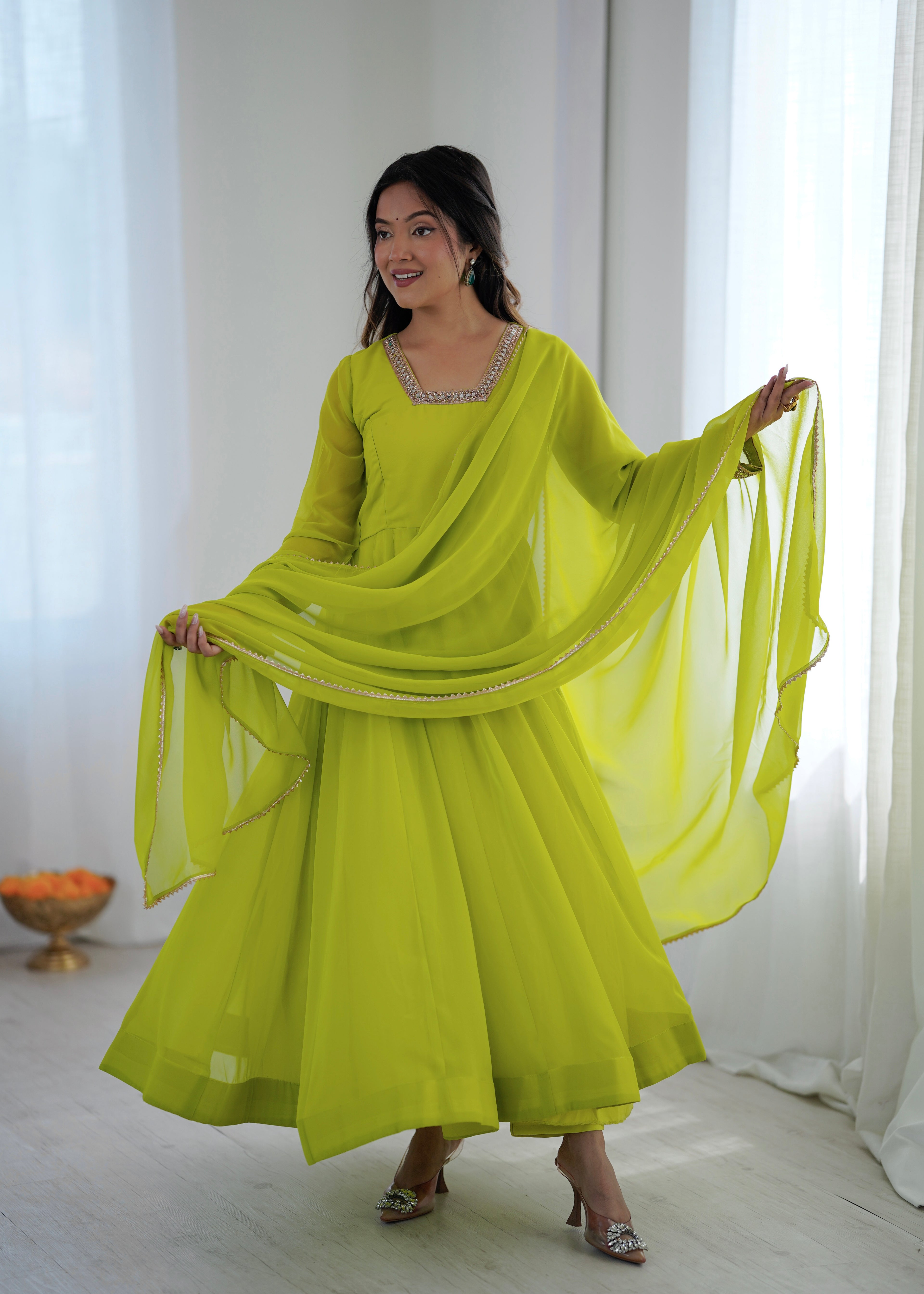 Lime Green Georgette Lace Work Anarkali
