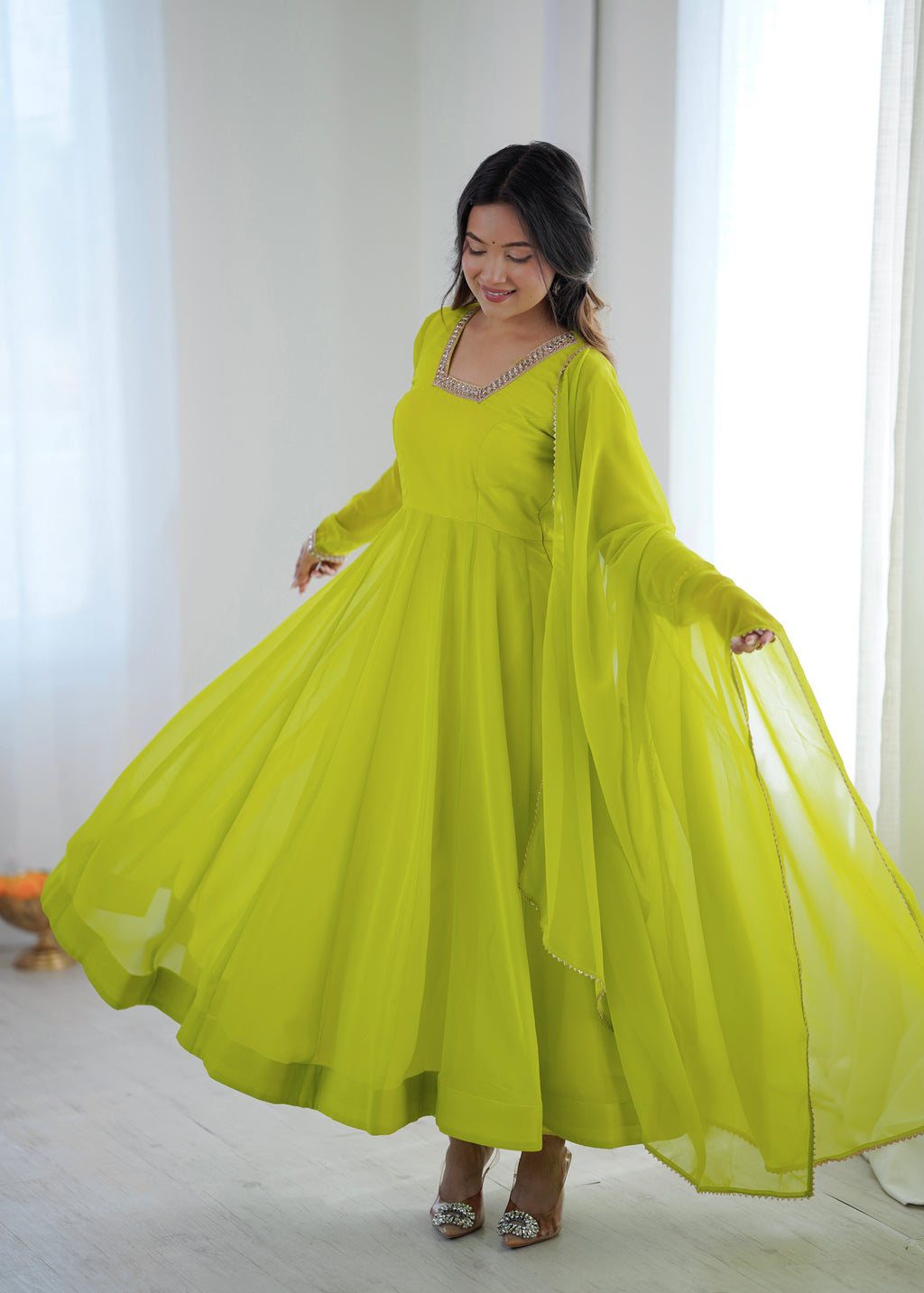 Lime Green Georgette Lace Work Anarkali