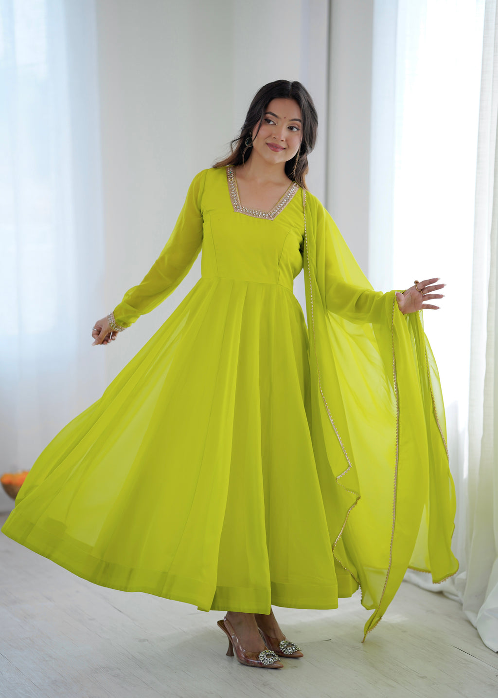 Lime Green Georgette Lace Work Anarkali