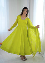Lime Green Georgette Lace Work Anarkali