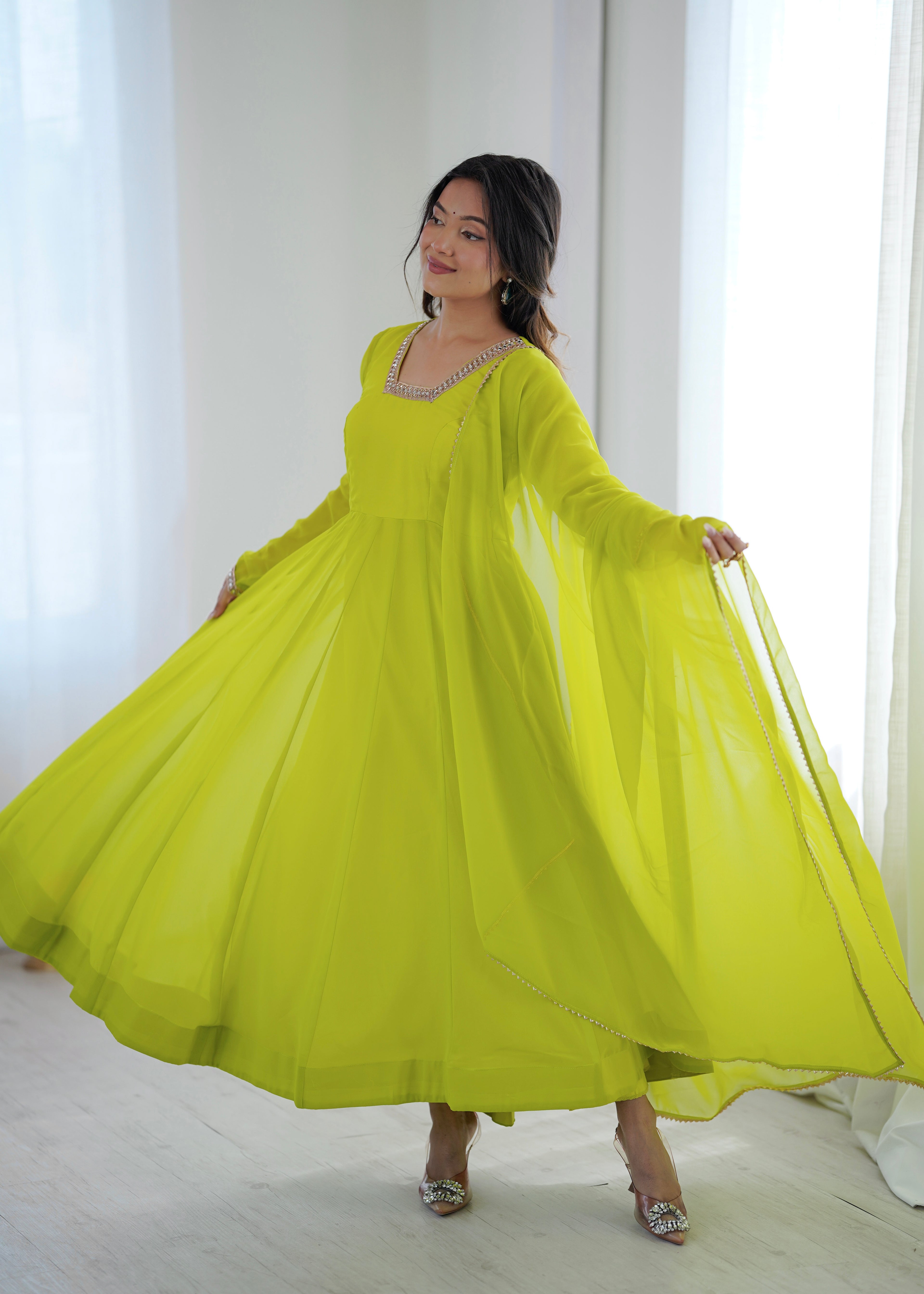 Lime Green Georgette Lace Work Anarkali