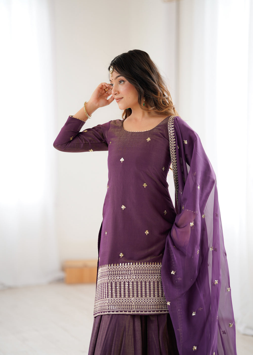 Purple Kurta With Lehenga Style Suit Set