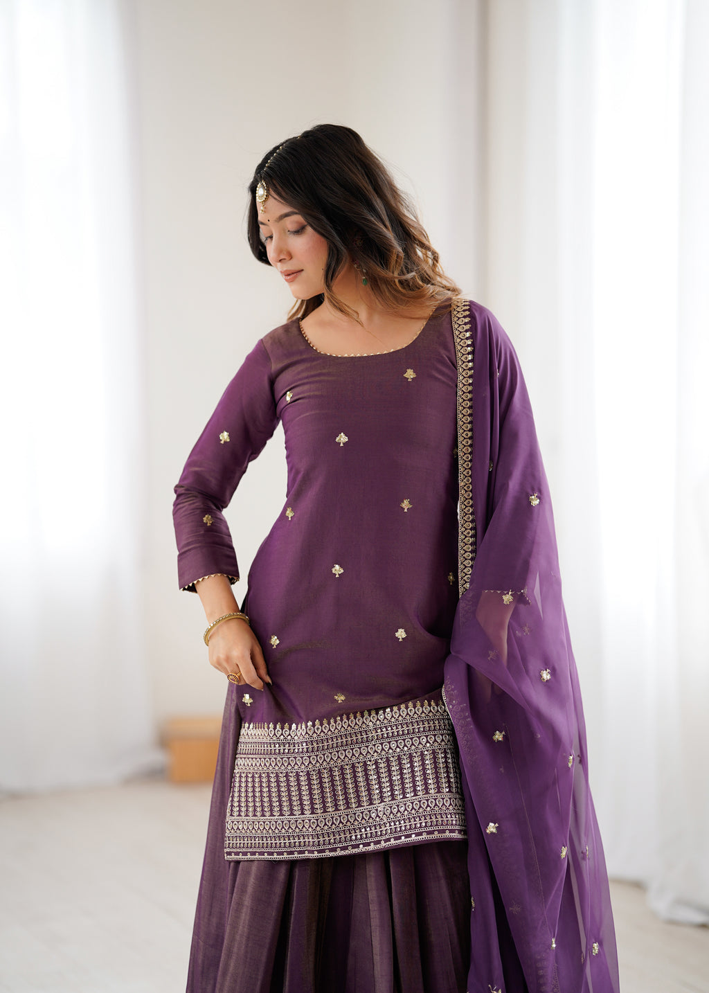 Purple Kurta With Lehenga Style Suit Set