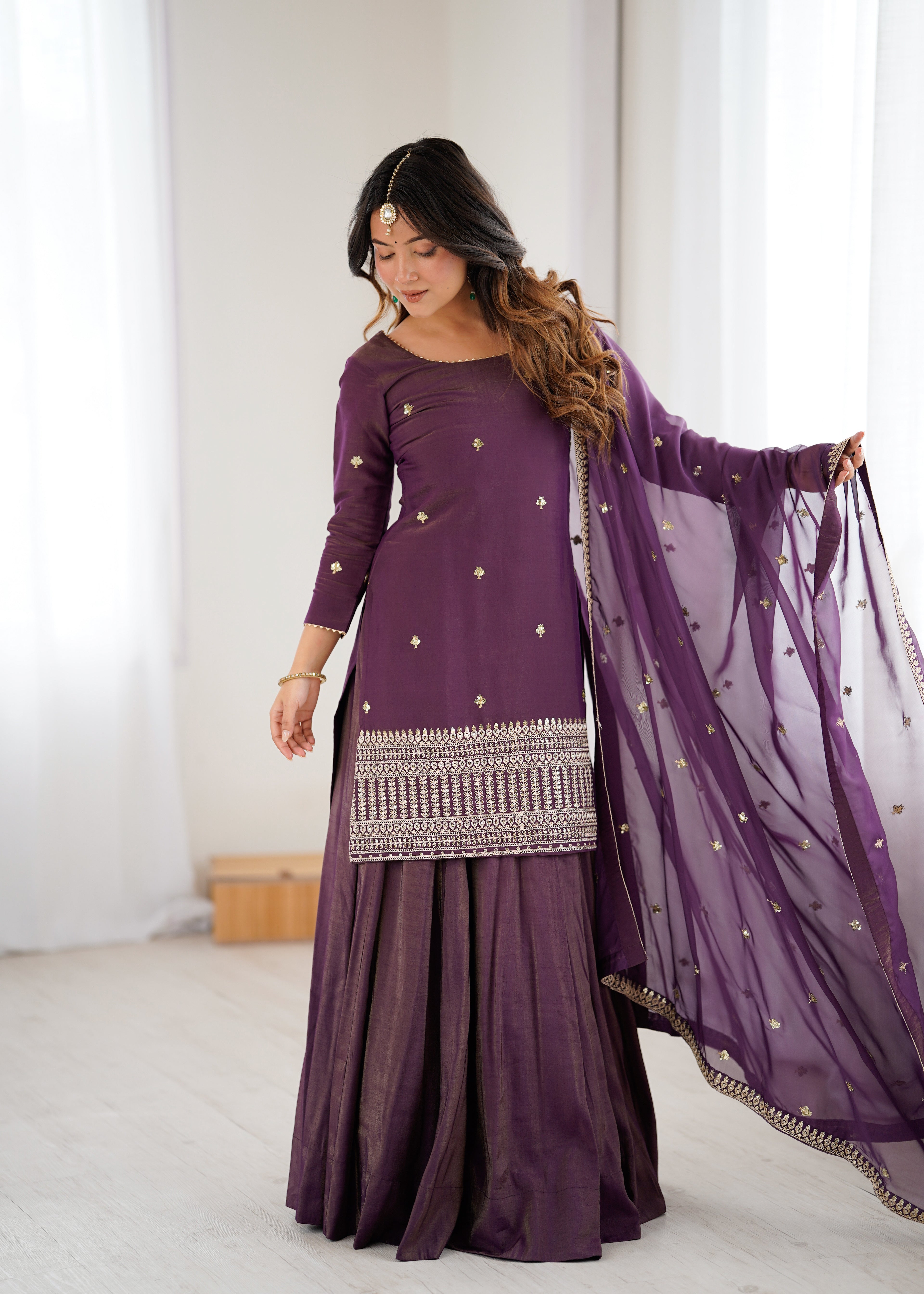 Purple Kurta With Lehenga Style Suit Set