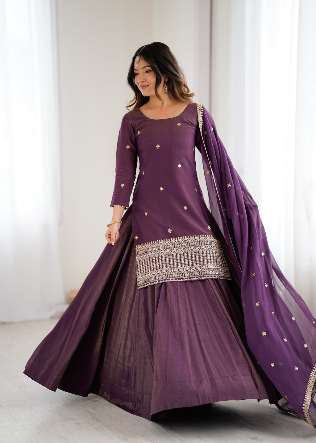 Purple Kurta With Lehenga Style Suit Set