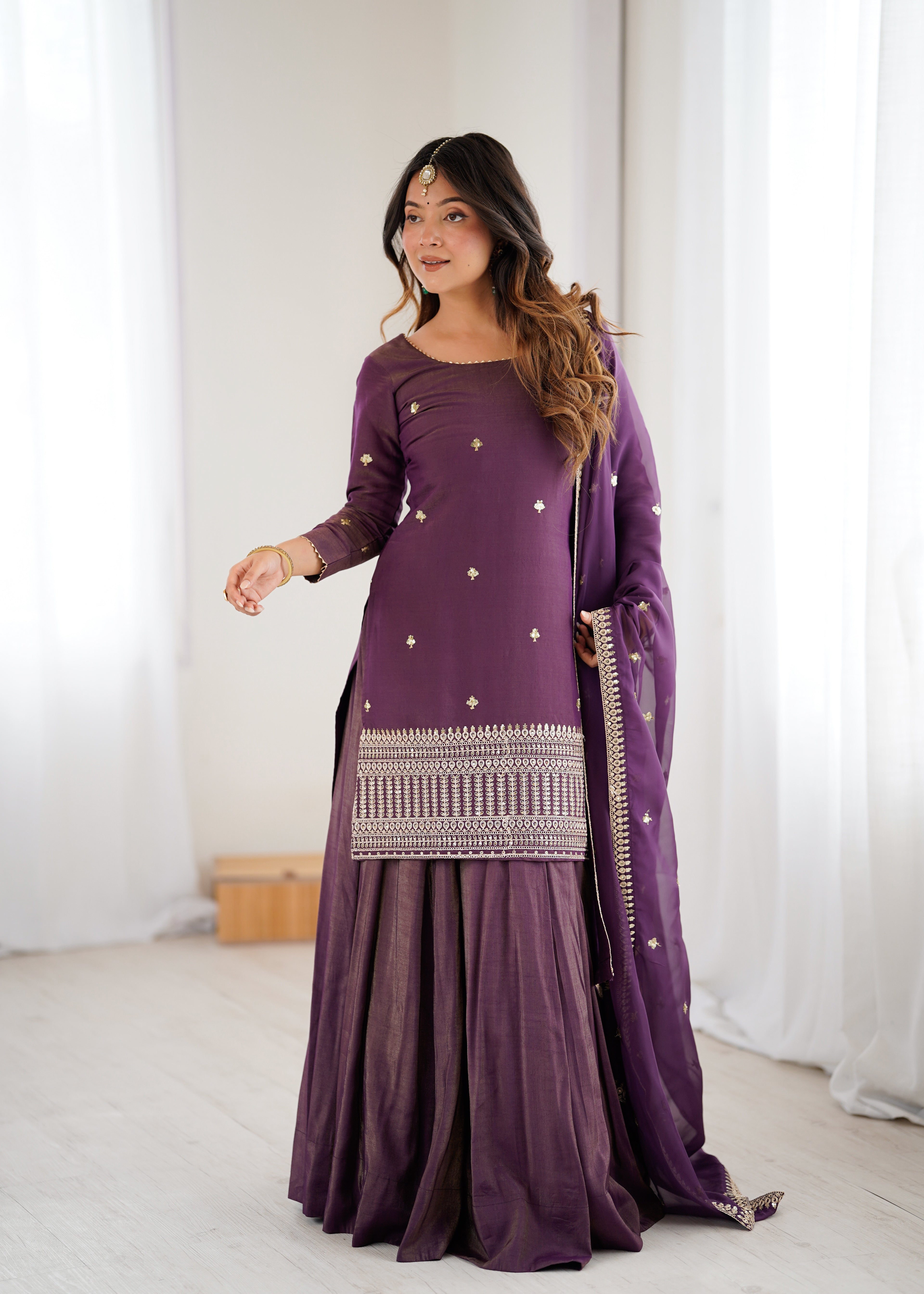 Purple Kurta With Lehenga Style Suit Set
