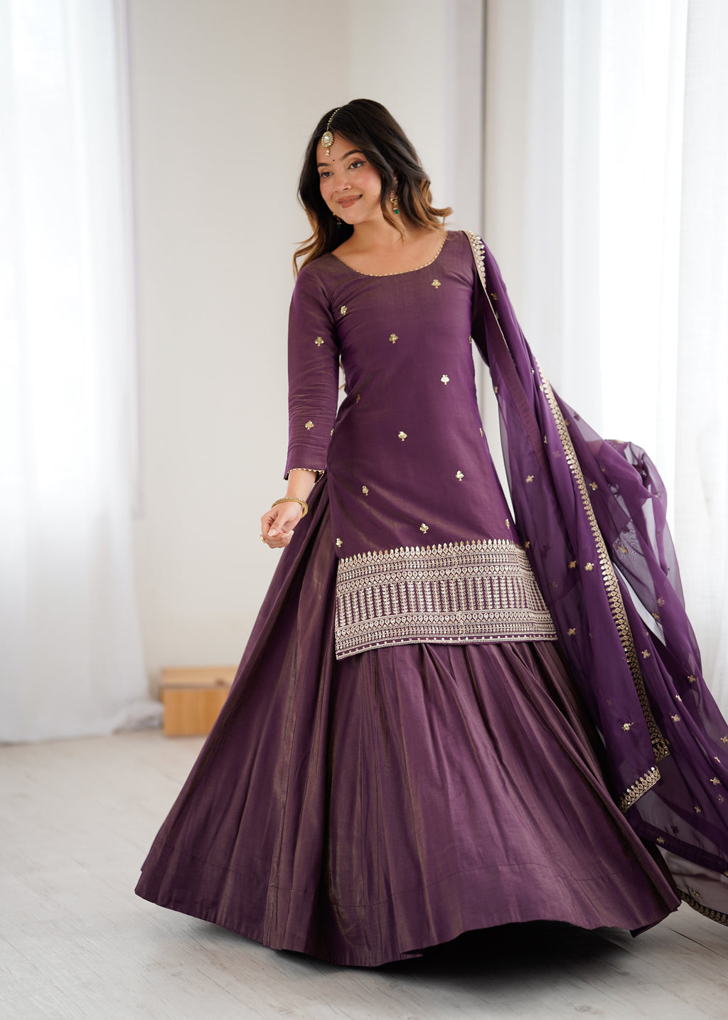 Purple Kurta With Lehenga Style Suit Set