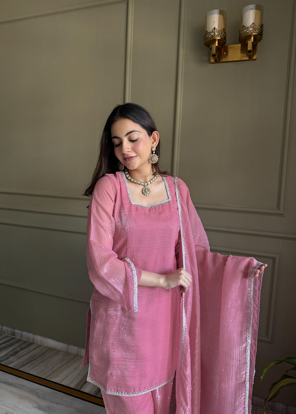 Pink Crunchy Silk Fabric With Siroski Work Kurta Set