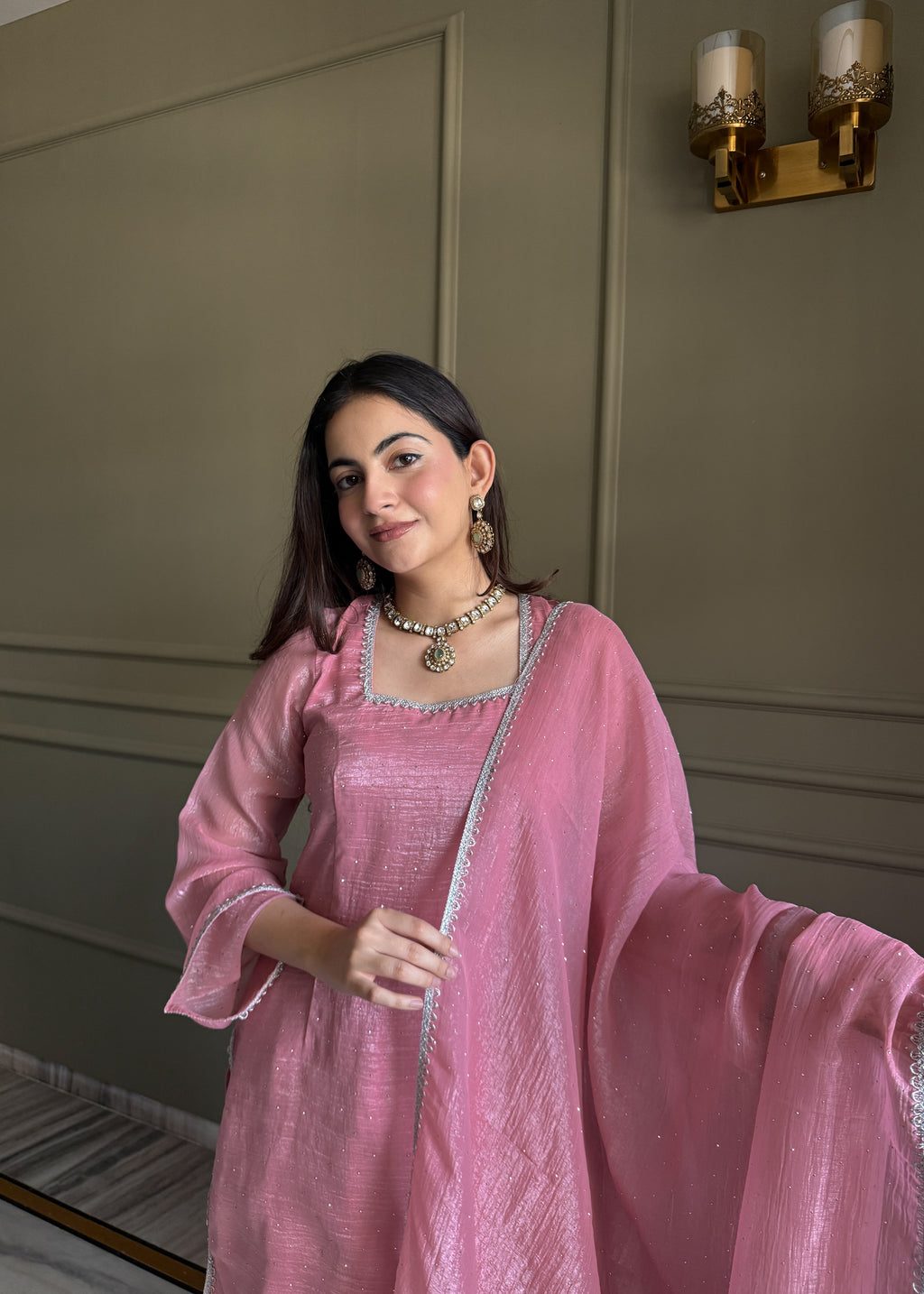 Pink Crunchy Silk Fabric With Siroski Work Kurta Set