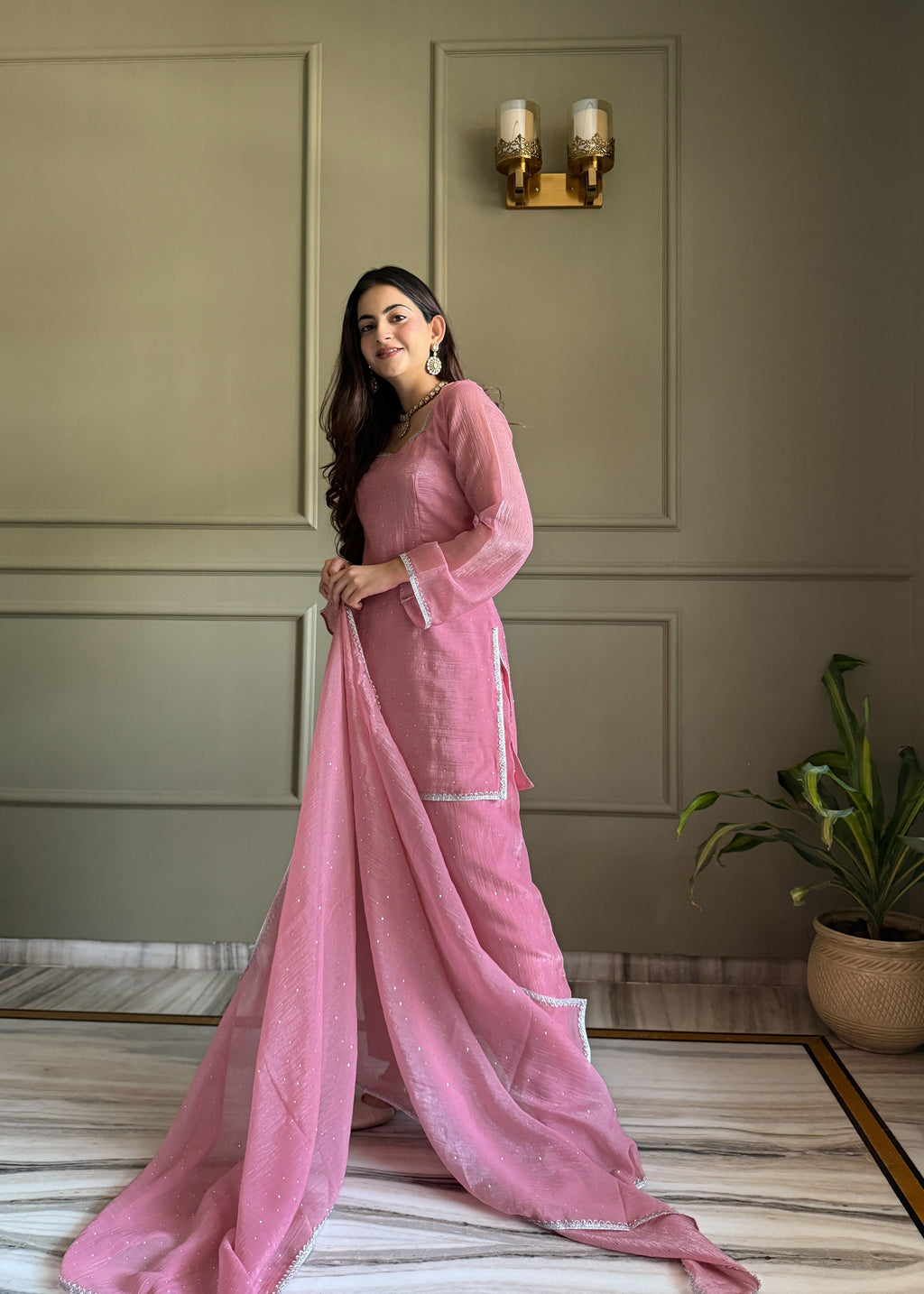 Pink Crunchy Silk Fabric With Siroski Work Kurta Set