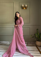 Pink Crunchy Silk Fabric With Siroski Work Kurta Set