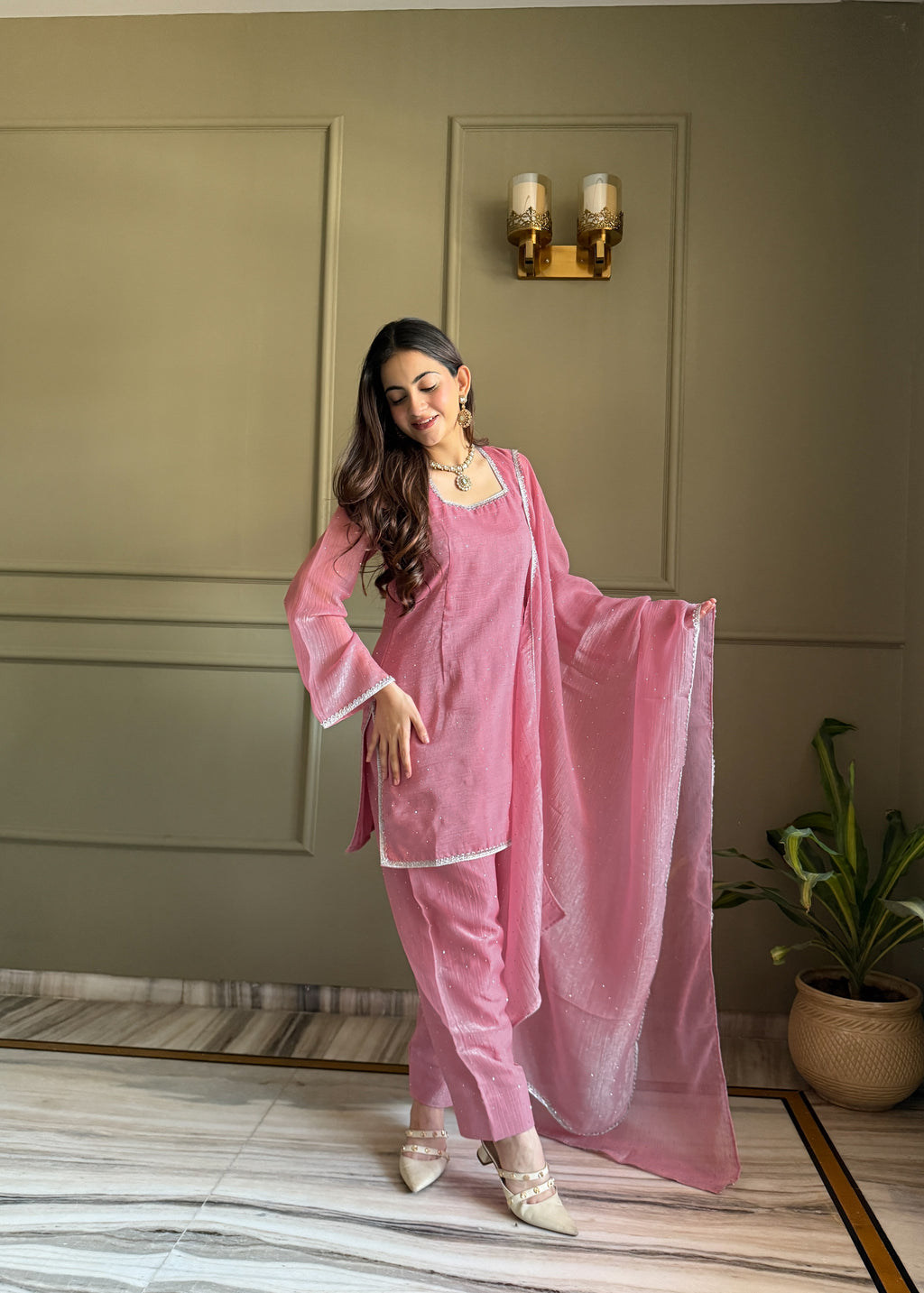 Pink Crunchy Silk Fabric With Siroski Work Kurta Set