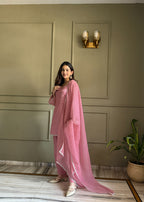 Pink Crunchy Silk Fabric With Siroski Work Kurta Set