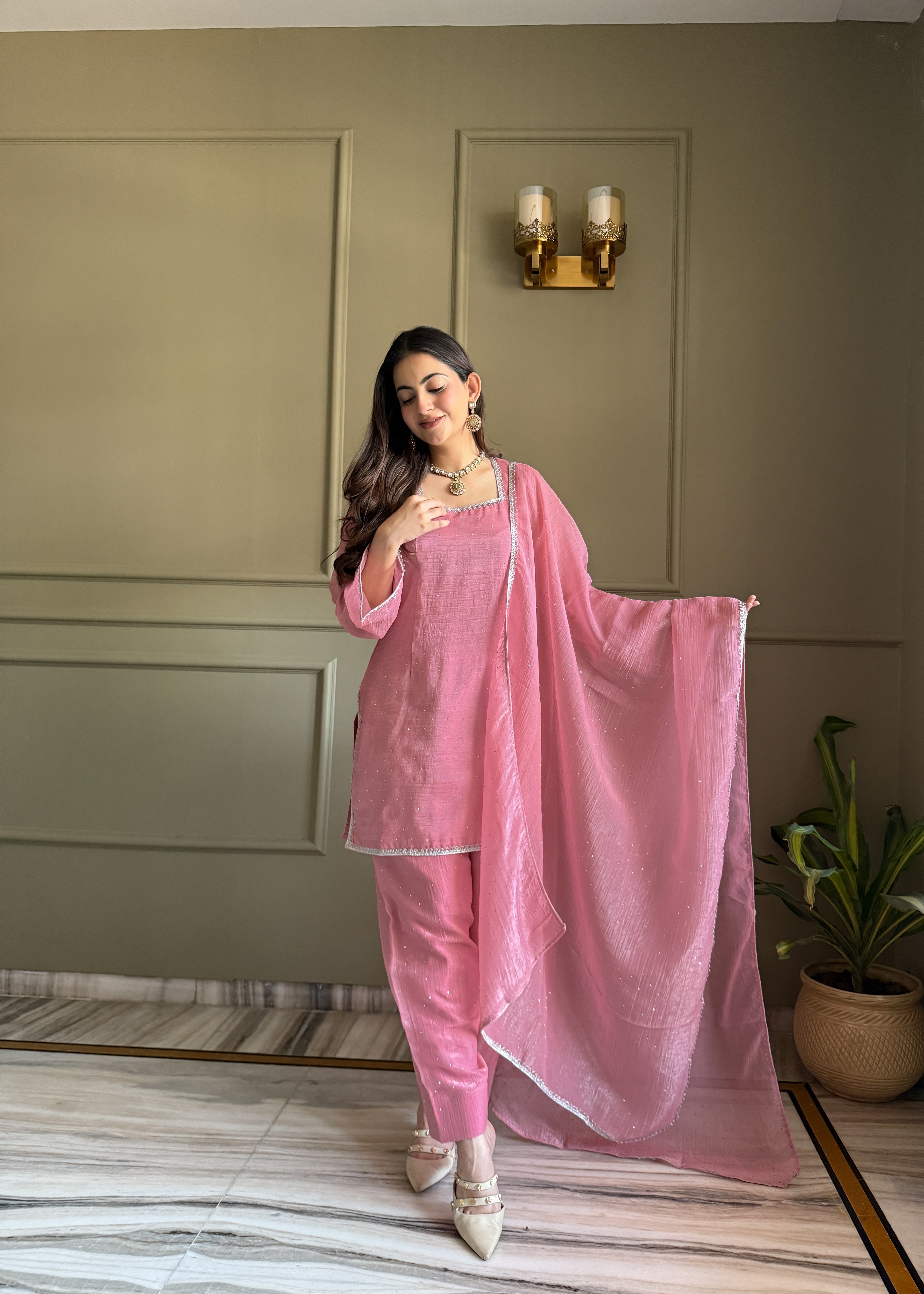 Pink Crunchy Silk Fabric With Siroski Work Kurta Set