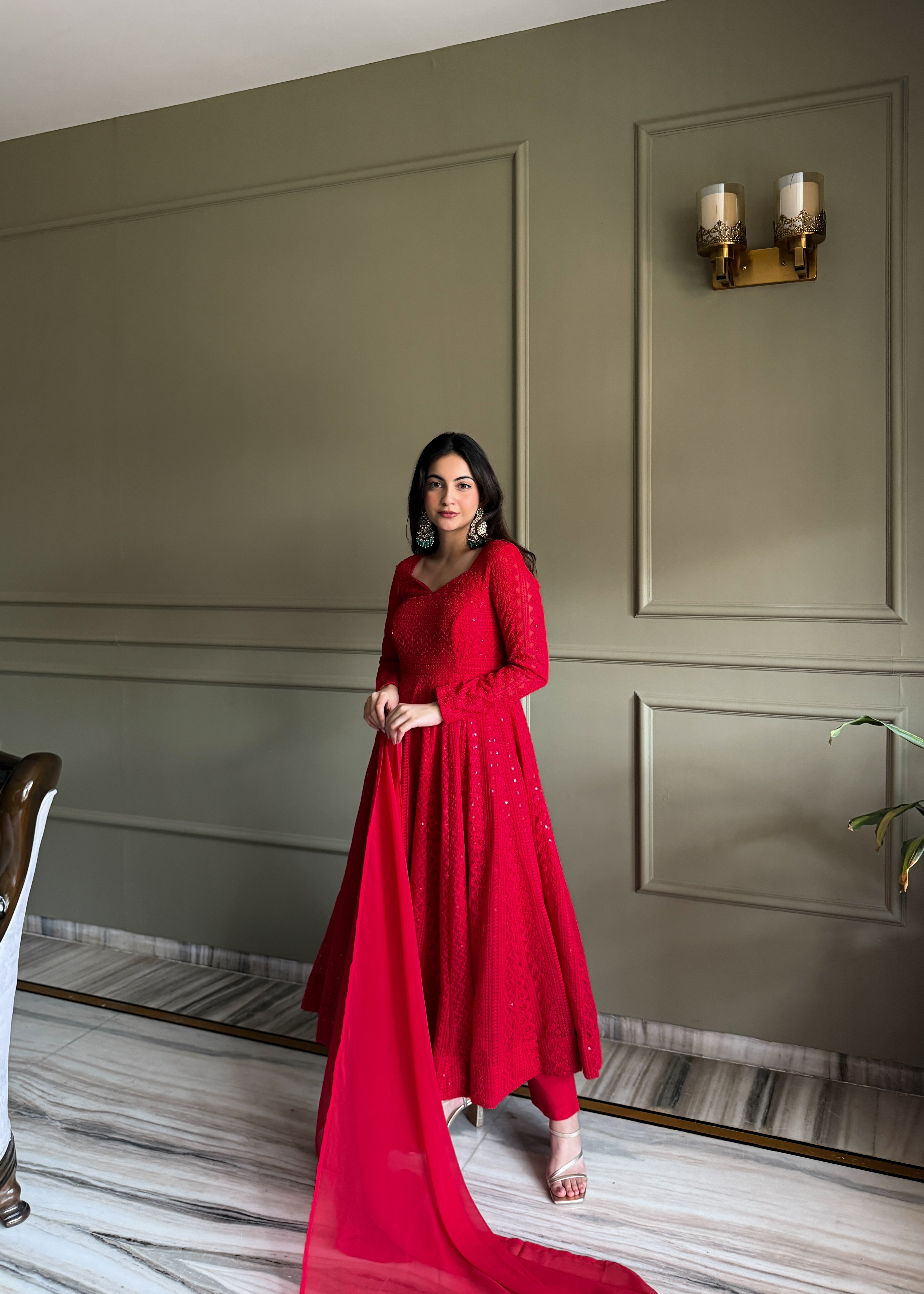 Red Fox Georgette Lukhnowi Sequence Work Kurta Set