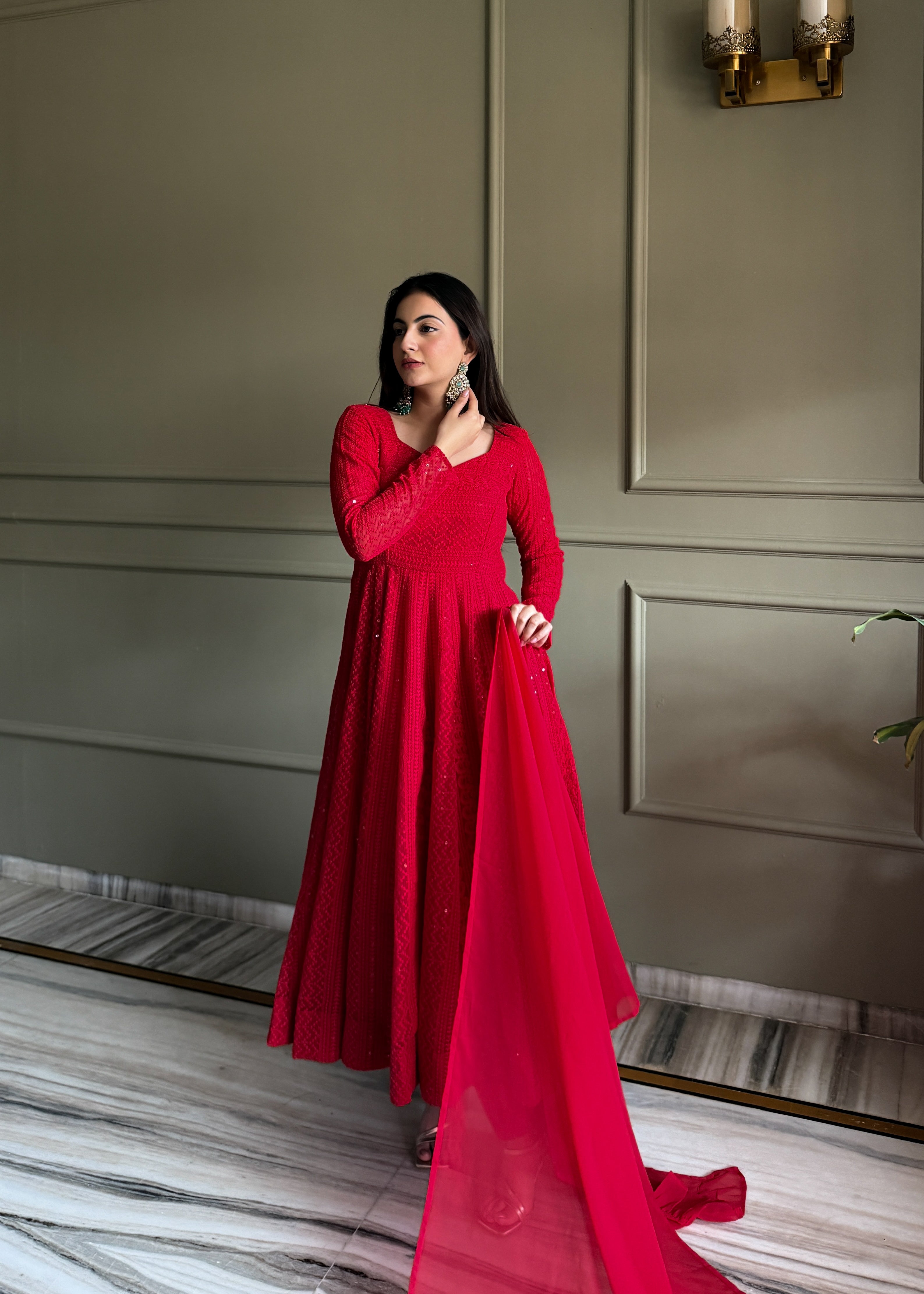 Red Fox Georgette Lukhnowi Sequence Work Kurta Set