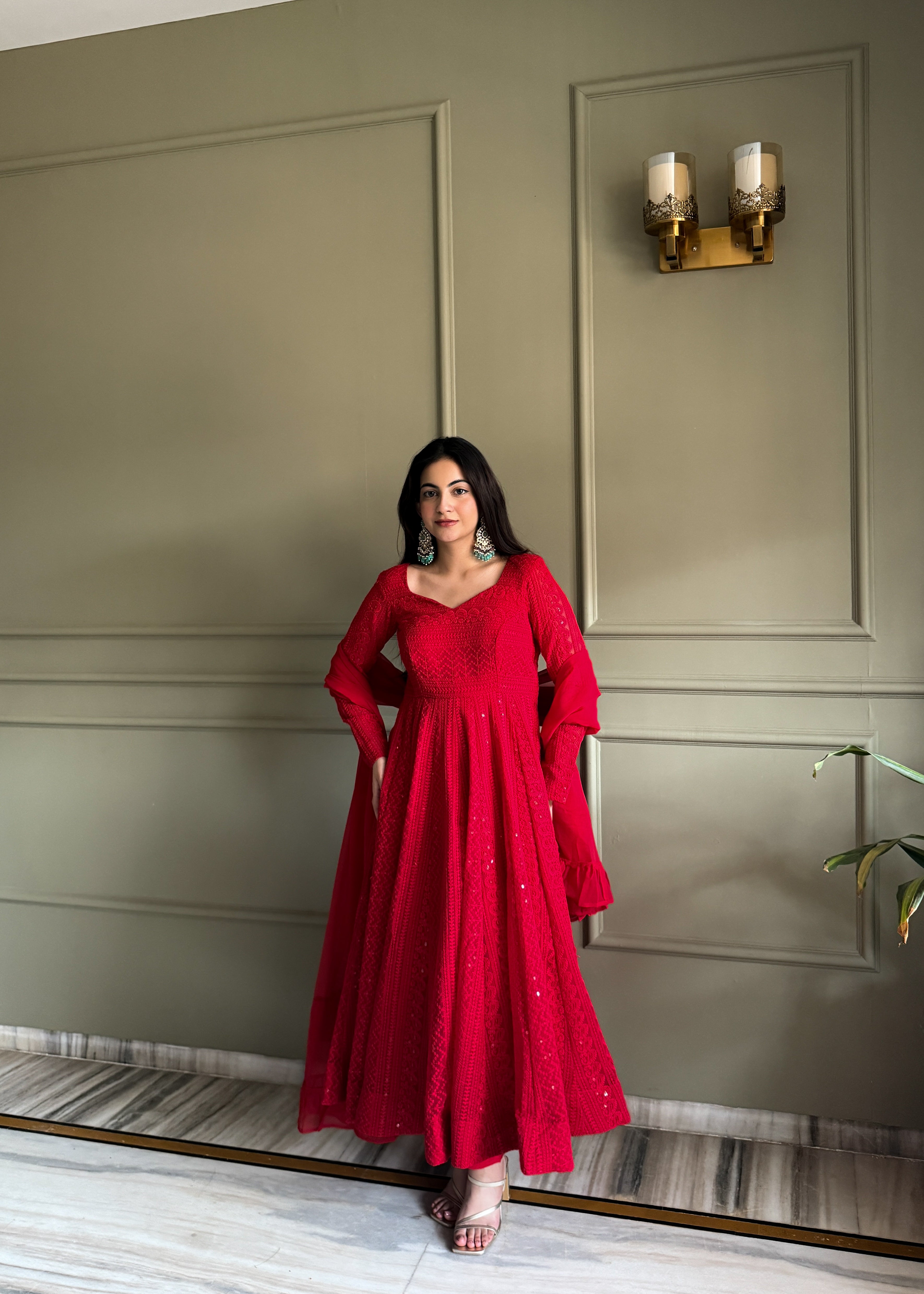 Red Fox Georgette Lukhnowi Sequence Work Kurta Set