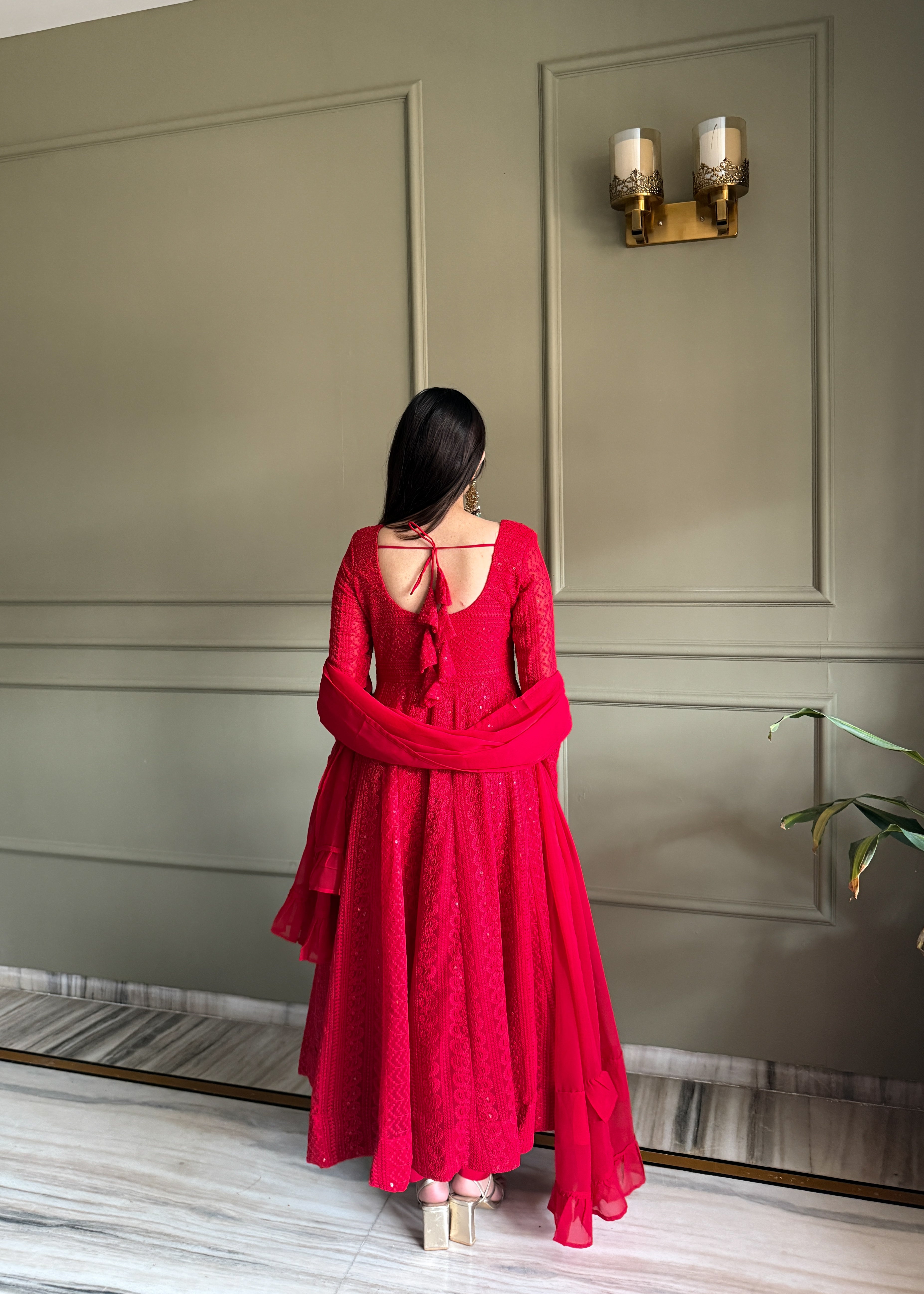 Red Fox Georgette Lukhnowi Sequence Work Kurta Set