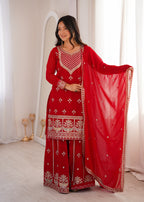 Red Fox Georgette Embroidery Work Sharara Set