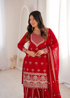 Red Fox Georgette Embroidery Work Sharara Set