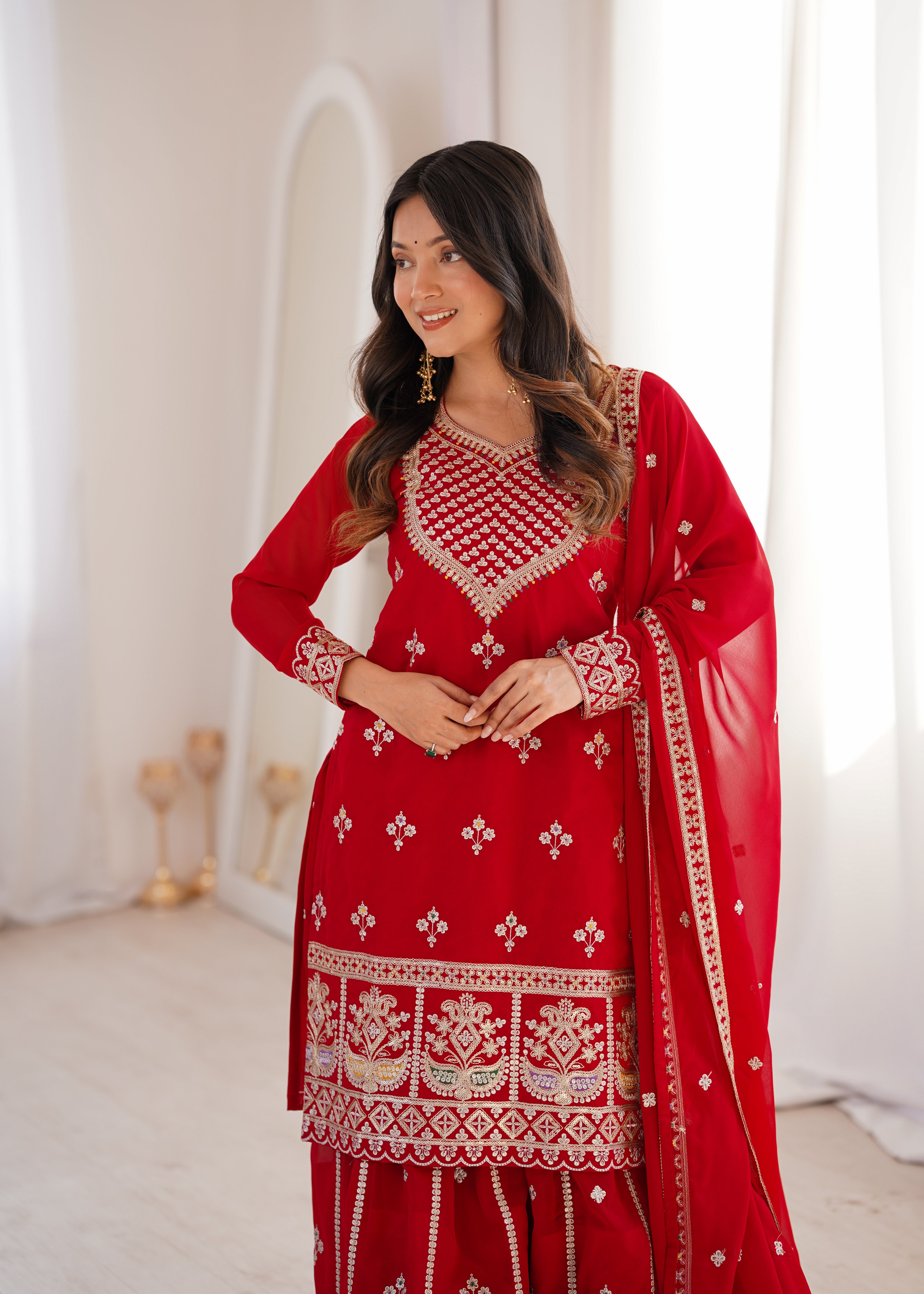 Red Fox Georgette Embroidery Work Sharara Set