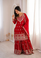Red Fox Georgette Embroidery Work Sharara Set