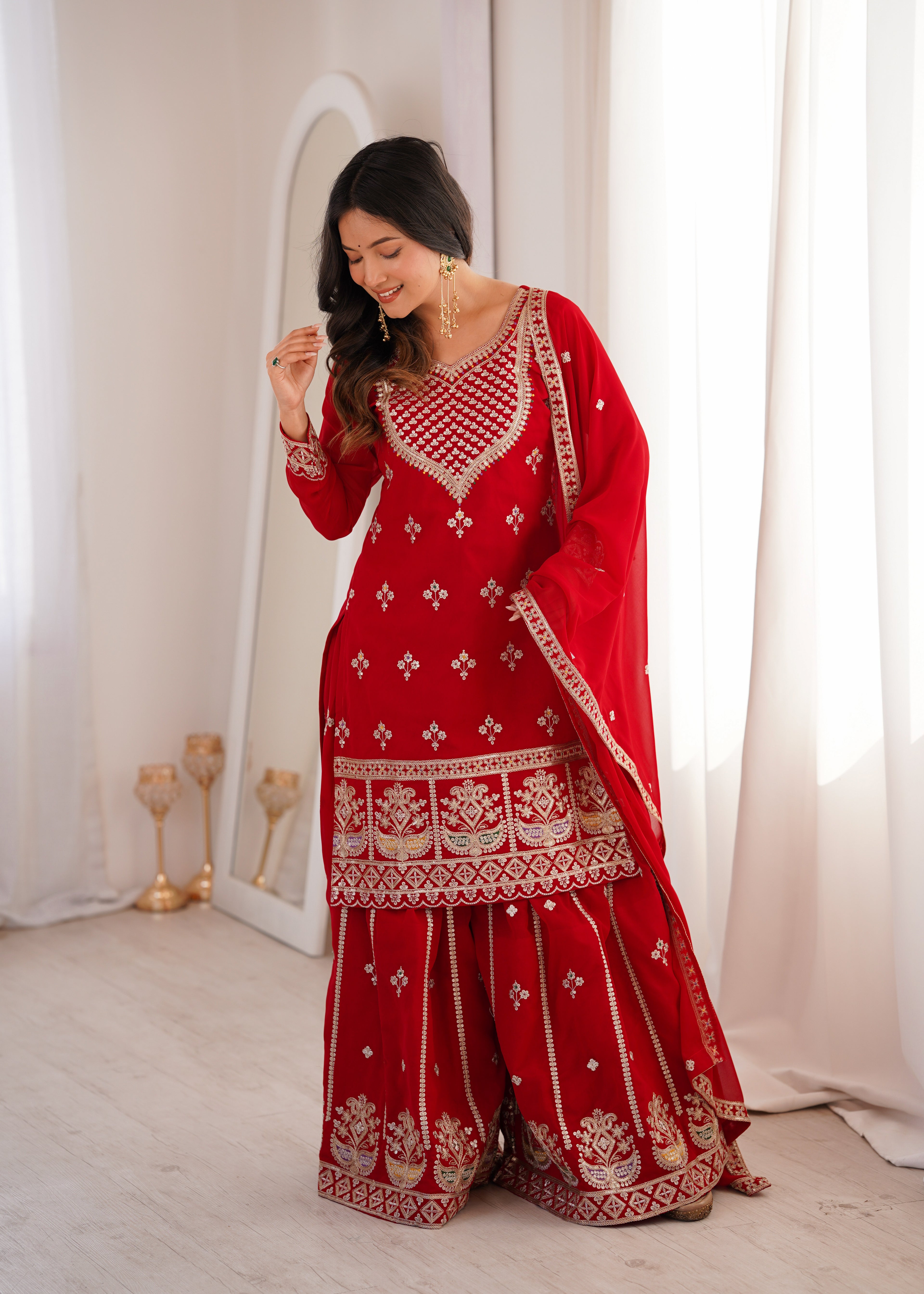 Red Fox Georgette Embroidery Work Sharara Set