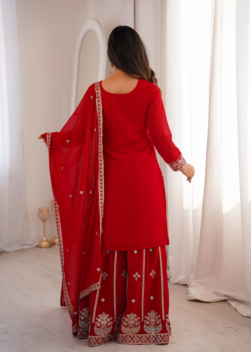 Red Fox Georgette Embroidery Work Sharara Set