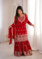 Red Fox Georgette Embroidery Work Sharara Set
