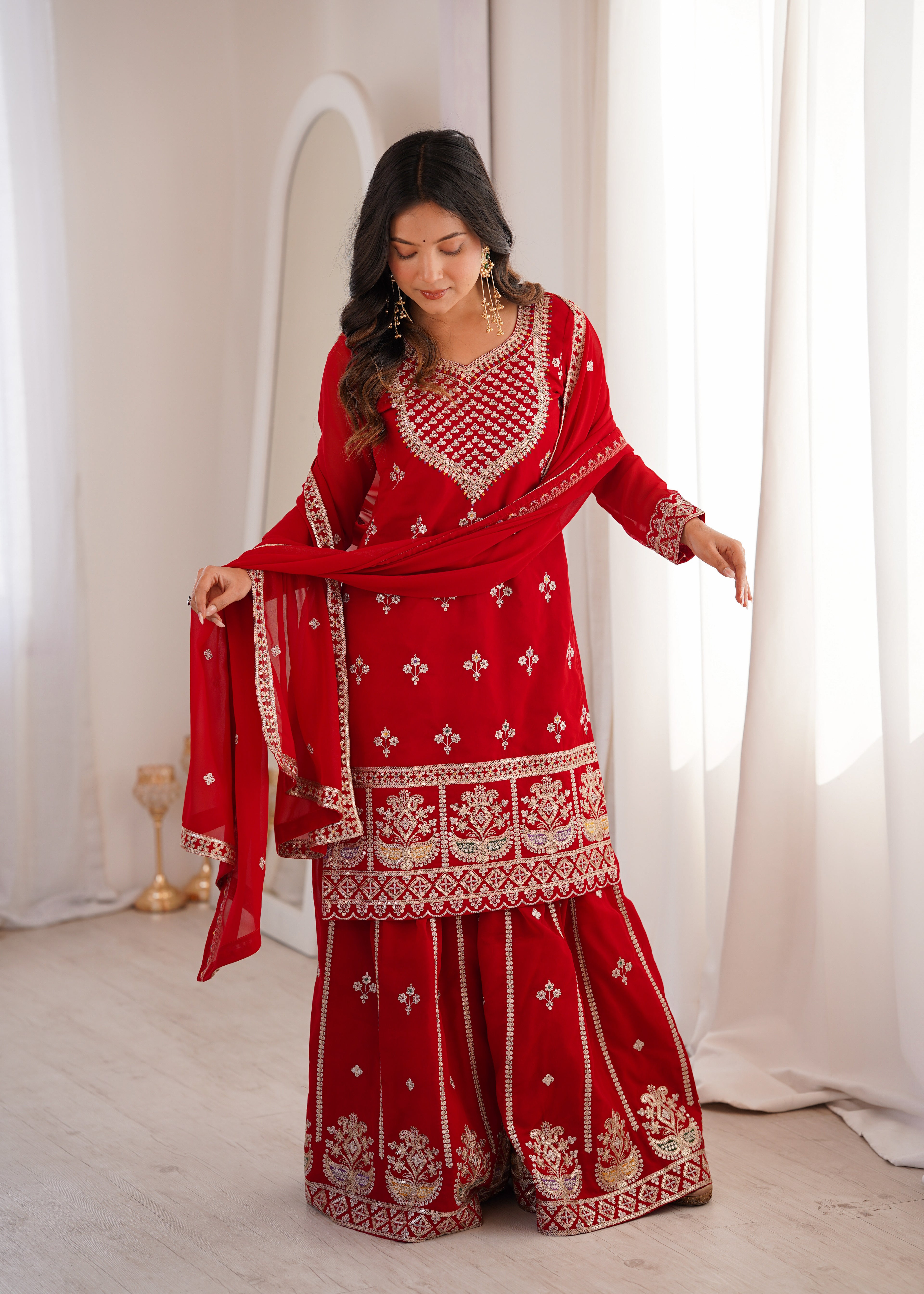 Red Fox Georgette Embroidery Work Sharara Set