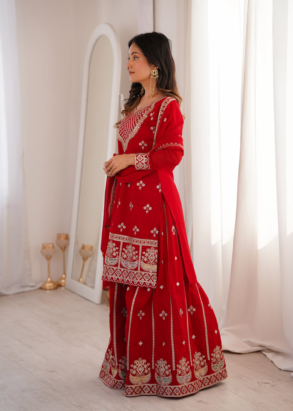 Red Fox Georgette Embroidery Work Sharara Set