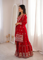 Red Fox Georgette Embroidery Work Sharara Set